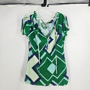 T Bags Los Angeles Tunic Cover Up Top Green Geometric Print Terry Cloth Size M